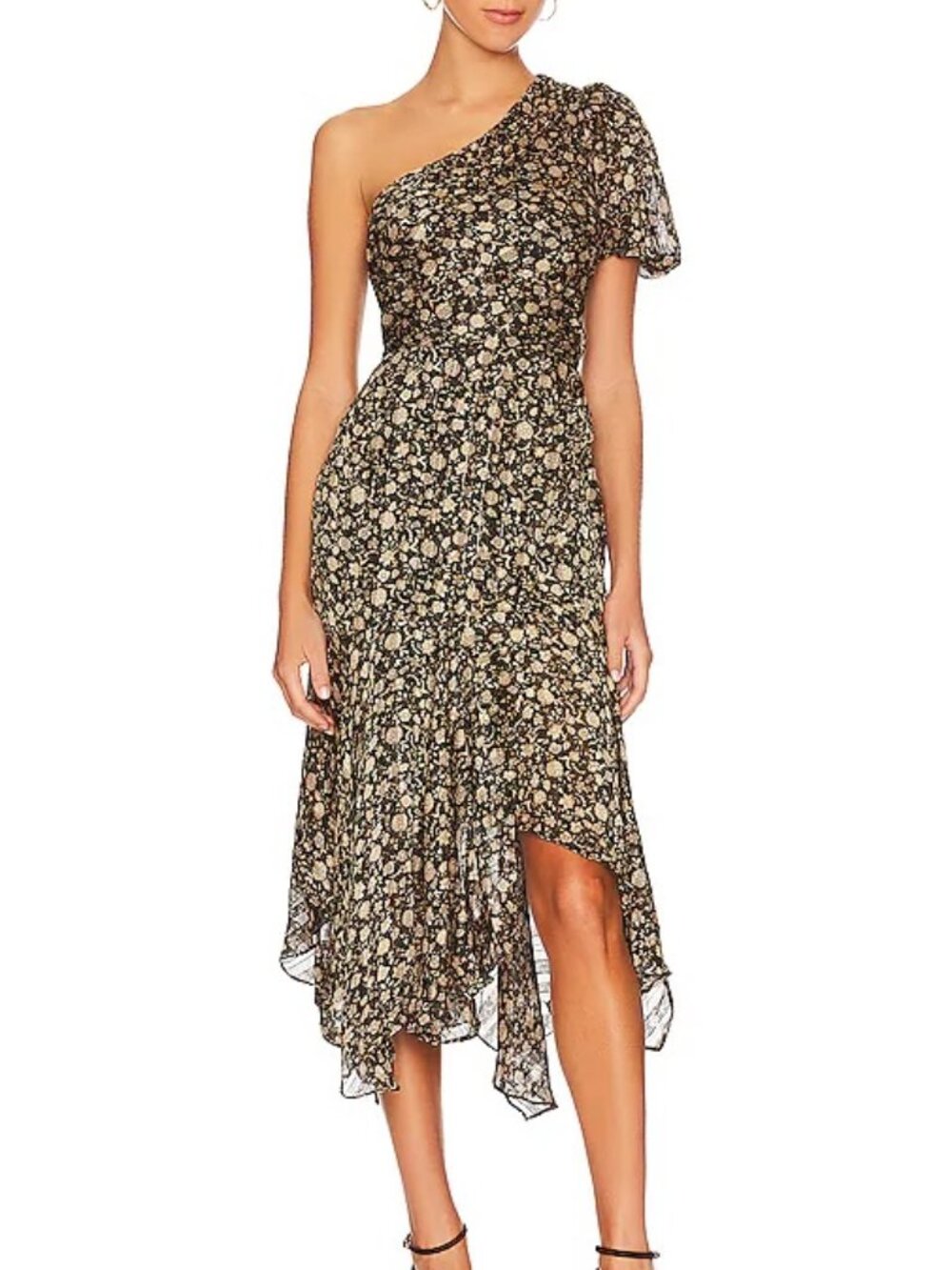 ASTR THE LABEL Santorini Floral One Shoulder Midi Dress SIZE LARGE Black Taupe